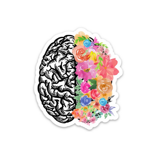 floral brain sticker for laptop, brain cancer survivor gift, neurodivergent sticker, therapist gift mental health stickers for water bottles