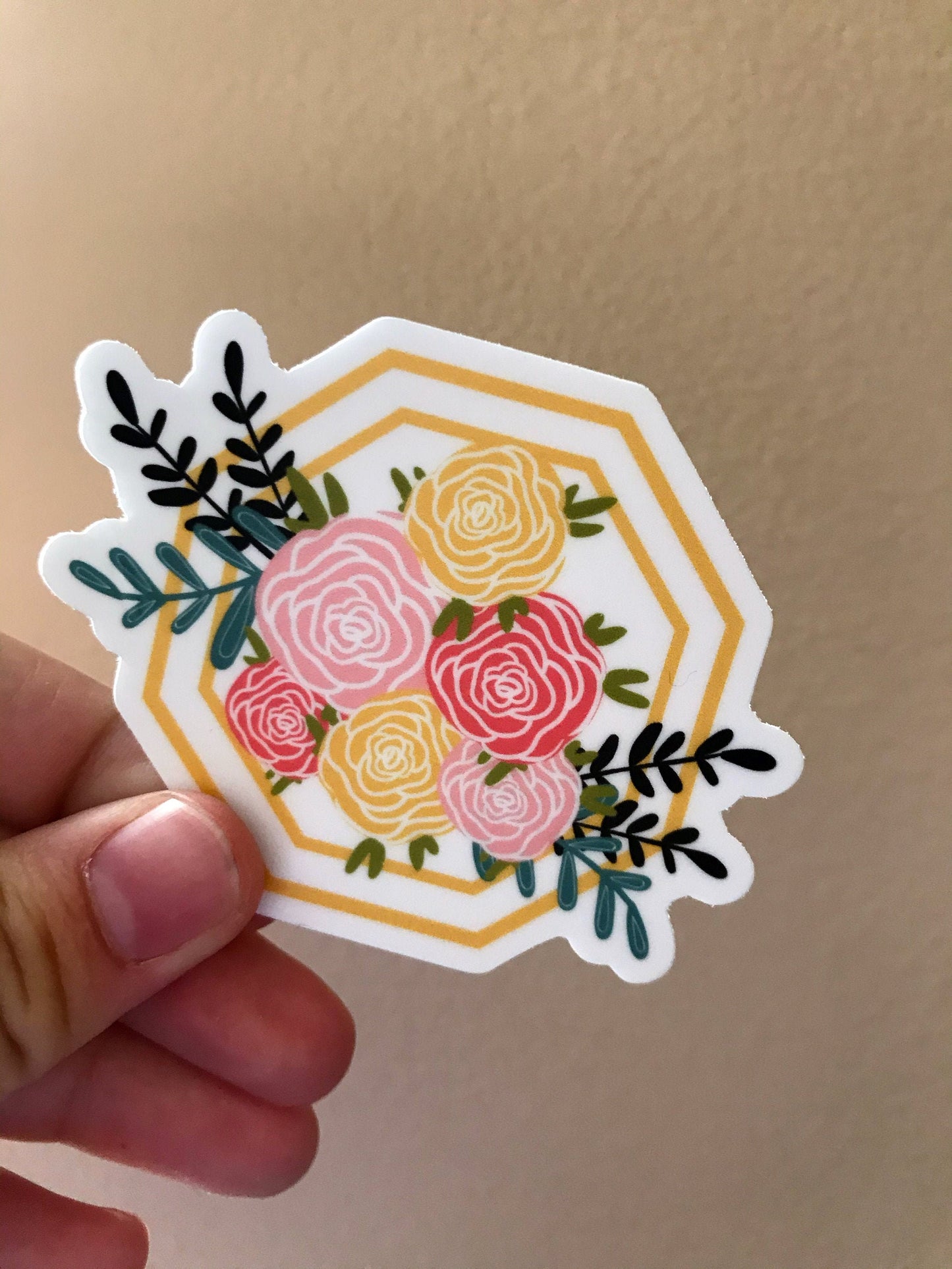 Hexagon Floral Rose Bouquet 3x3in. Vinyl Sticker for your Laptop, Water Bottle or Bullet Journal, Roses, Flower Decal, skateboard stickers