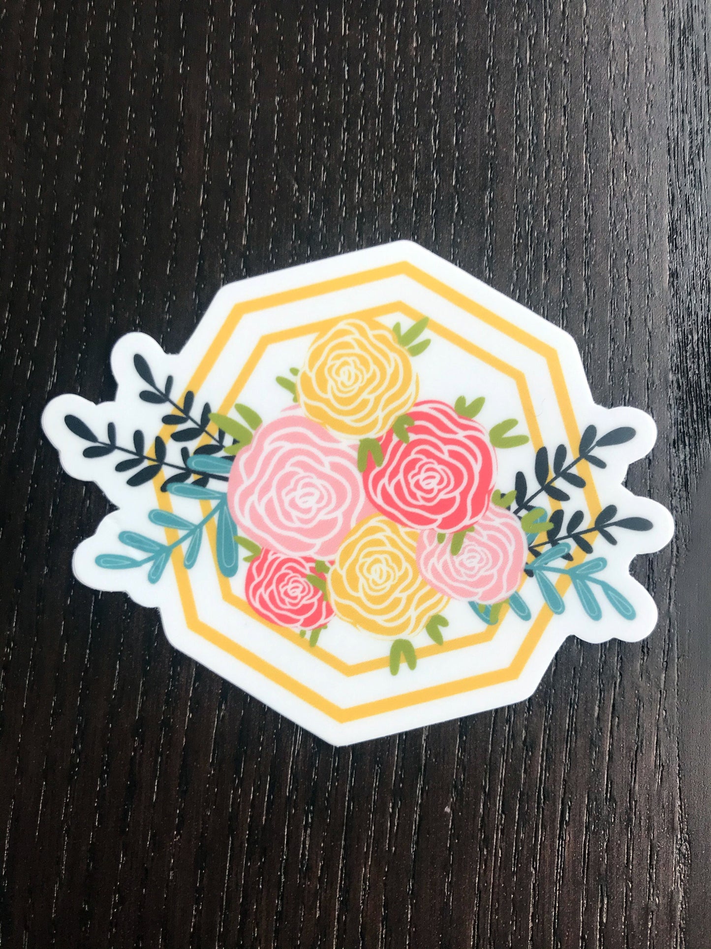 Hexagon Floral Rose Bouquet 3x3in. Vinyl Sticker for your Laptop, Water Bottle or Bullet Journal, Roses, Flower Decal, skateboard stickers