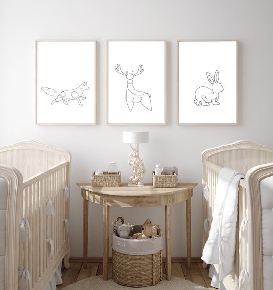 Woodland nursery decor,  set of 3 nursery prints, black and white minimalist wall art, woodland animal nursery art set, fox nursery art