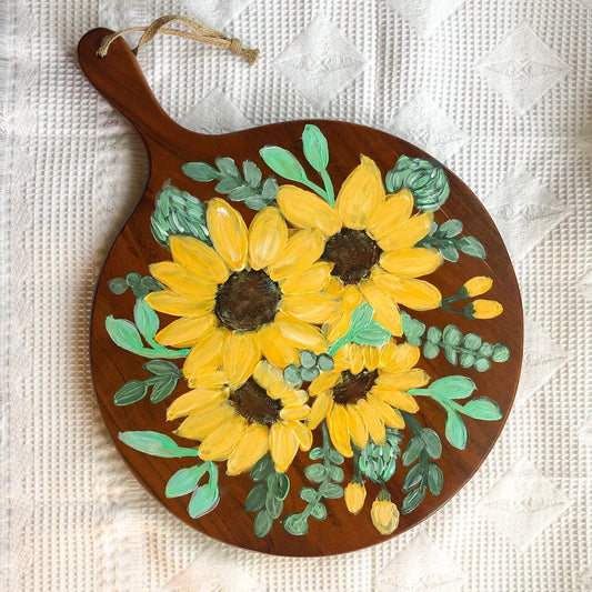 wood charcuterie board with handle, cottagecore kitchen accessories, sunflower gifts for Mom, plant mom gift, sunflower kitchen decor, new