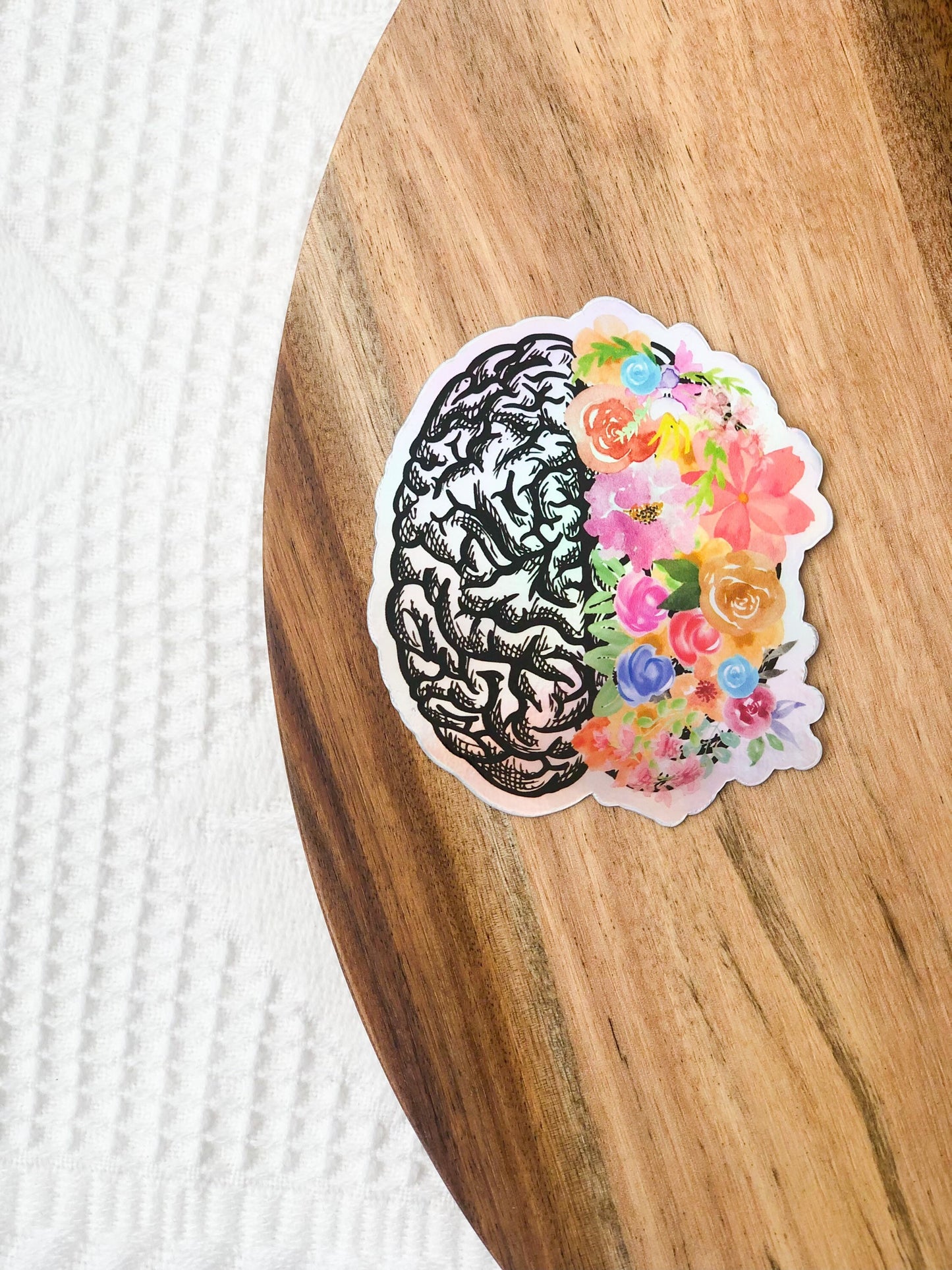 Holographic Brain Sticker, White and Black Watercolor Floral Brain 3x3in. Vinyl Sticker for your Laptop, Water Bottle or Bullet Journal,