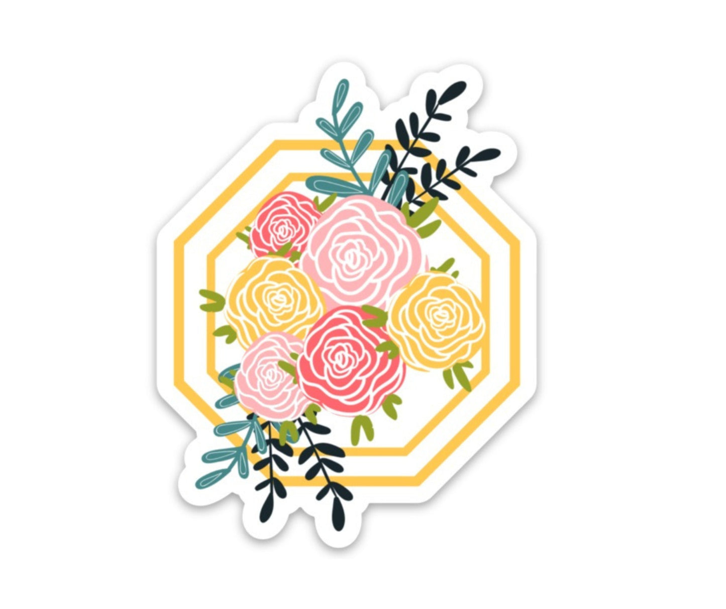 Hexagon Floral Rose Bouquet 3x3in. Vinyl Sticker for your Laptop, Water Bottle or Bullet Journal, Roses, Flower Decal, skateboard stickers