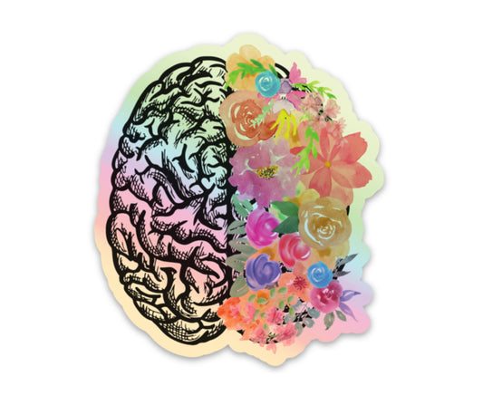 Holographic Brain Sticker, White and Black Watercolor Floral Brain 3x3in. Vinyl Sticker for your Laptop, Water Bottle or Bullet Journal,